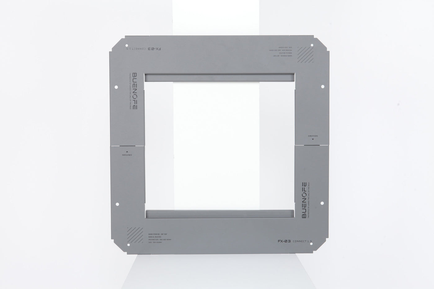 BUENOFE IGT Connect Table 1.5 shown front-on as a graphite-gray open square aluminum connector frame on a seamless white studio background, its slim rails and rounded corner tabs clearly visible.