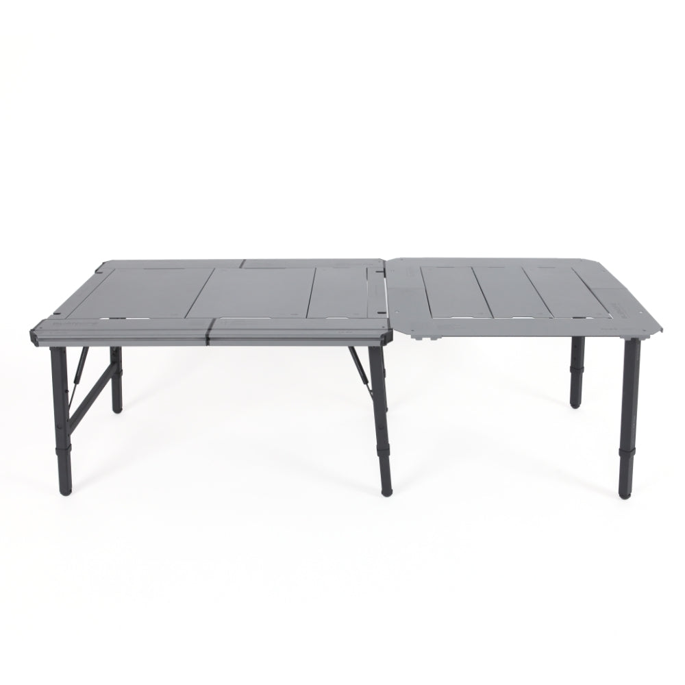 BUENOFE IGT Connect Table 1.5 bridging two IGT tables into one long continuous surface on a white background, illustrating how the frame links separate tables for group layouts.