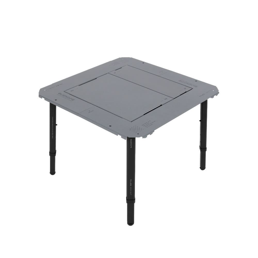 BUENOFE IGT Quick Slot Table Leg shown supporting an assembled gray IGT 1.5 tabletop at a raised three-quarter angle on a white background, four black twist-lock legs turning the frame into a freestanding camping table.