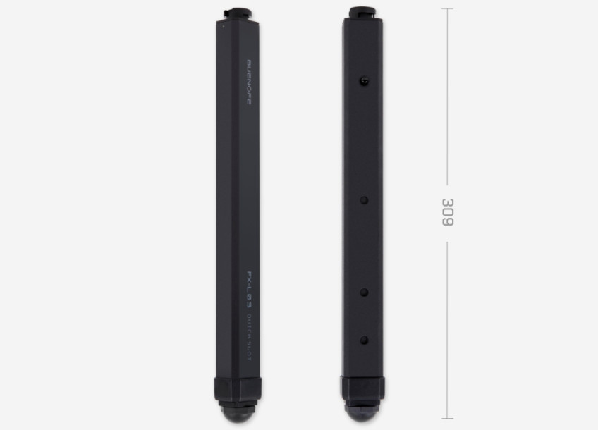 BUENOFE IGT Quick Slot Table Leg shown as two matte-black legs from front and back on a light background with a 309 mm length marker, displaying the FX-L03 Quick Slot engraving and the slim packed leg profile.