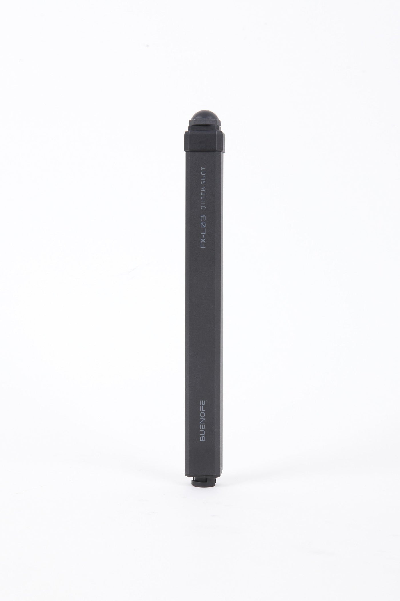 BUENOFE IGT Quick Slot Table Leg shown as a single matte-black leg standing vertically on a white background, the slim square aluminum profile engraved FX-L03 Quick Slot with a rounded non-slip foot at the base.
