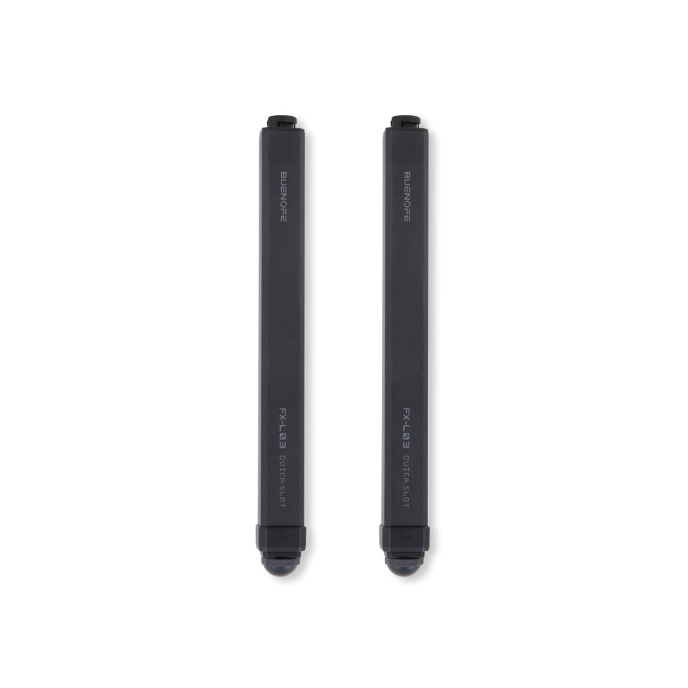 BUENOFE IGT Quick Slot Table Leg shown as a matte-black two-piece set standing upright side by side on a plain white background, the slim aluminum legs engraved FX-L03 Quick Slot with rounded non-slip feet, highlighting the compact pair included in one set.