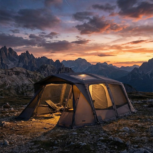 Kazmi AON Albion air tent pitched at dusk, 4–5 person hybrid air tent
