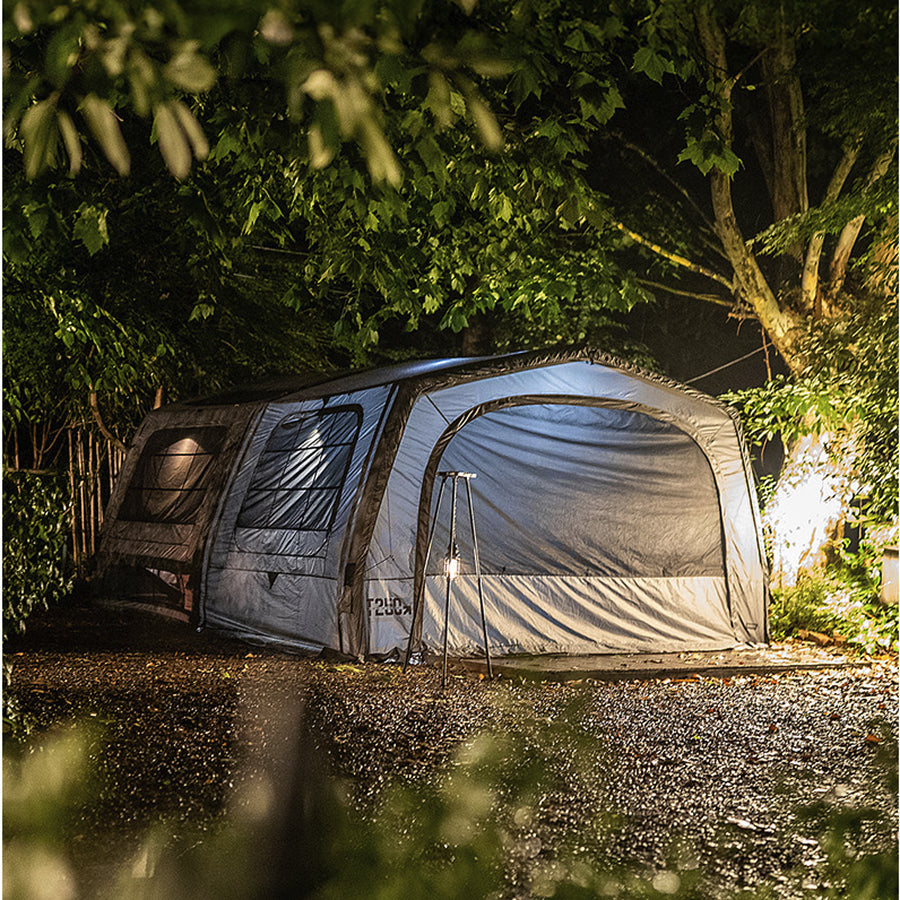 Kazmi AON T-250 air shelter pitched, 4–5 person inflatable cabin tent