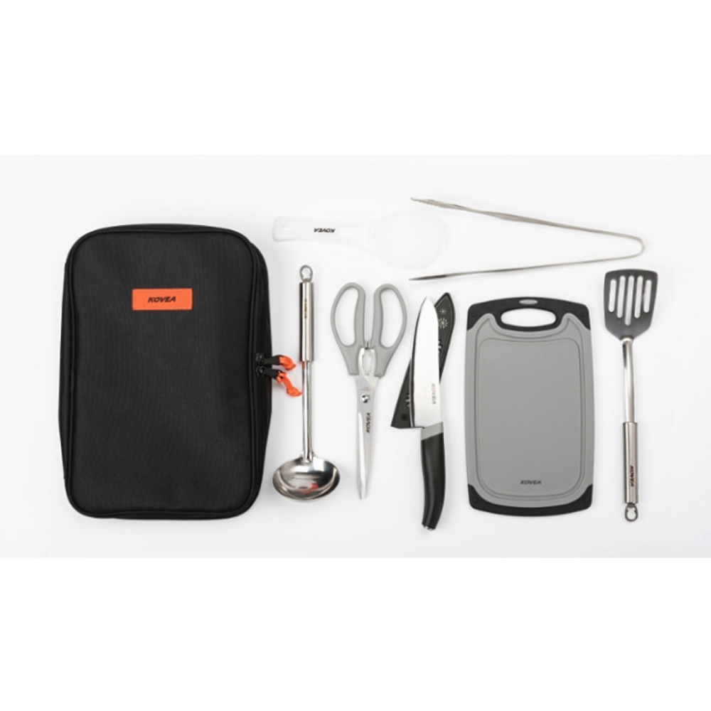 All seven Cooking Tool Set components laid out with dimensions: cutting board, knife, scissors, tongs, rice paddle, turner, and ladle