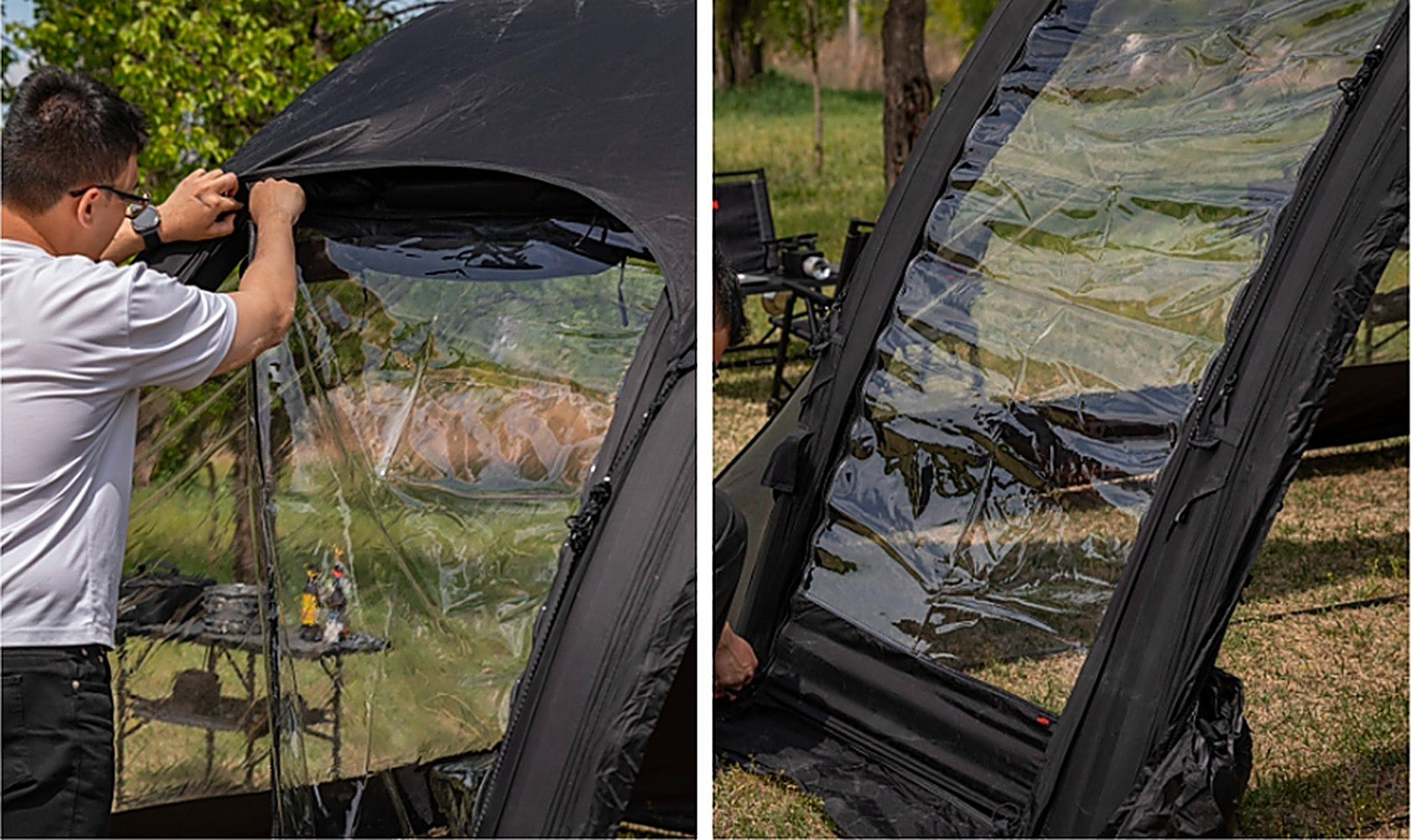 Person attaching the clear TPU side panel to the shelter using its dedicated zipper