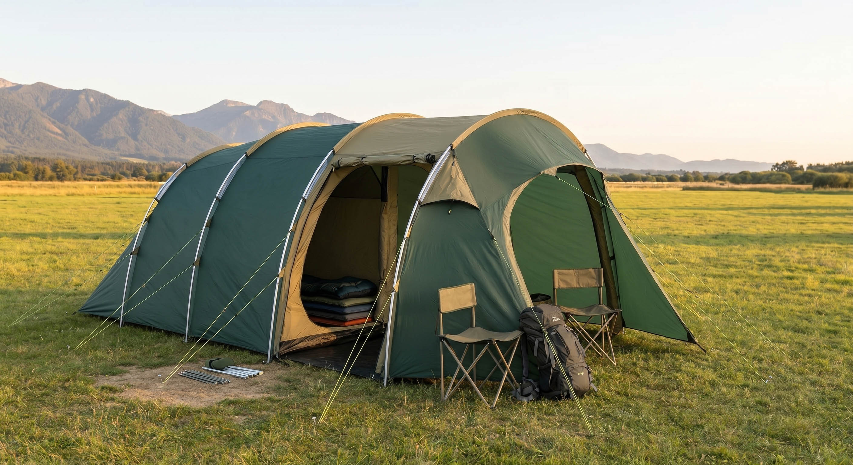 Traditional fiberglass-pole 5-person tunnel tent for comparison