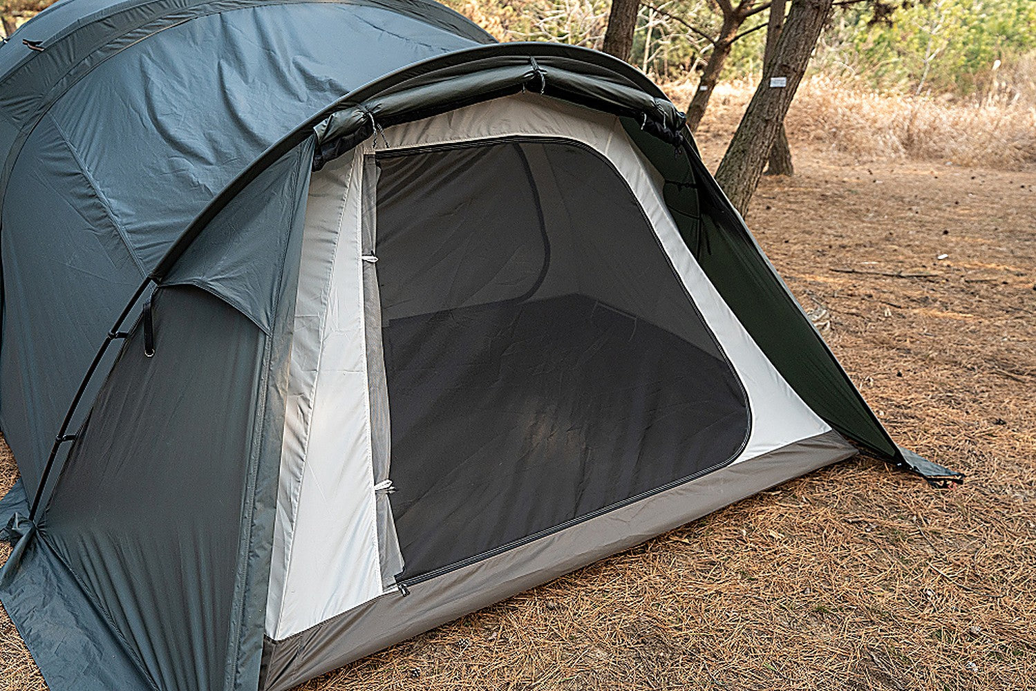 Inner tent fitted inside the Shelter GM vestibule, seen from outside through the open shelter canopy