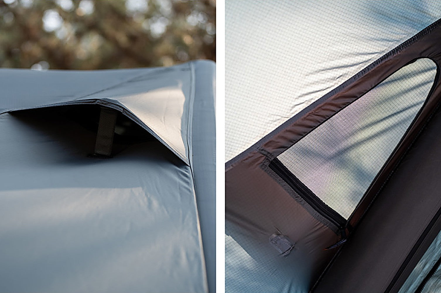 Detail of the shelter's ripstop polyester roof fabric and taped seam at a vent panel