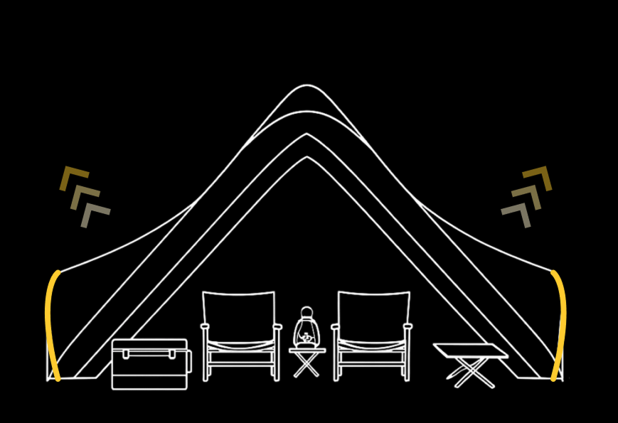 Super Position A-frame with side round poles — near-vertical walls open up the interior