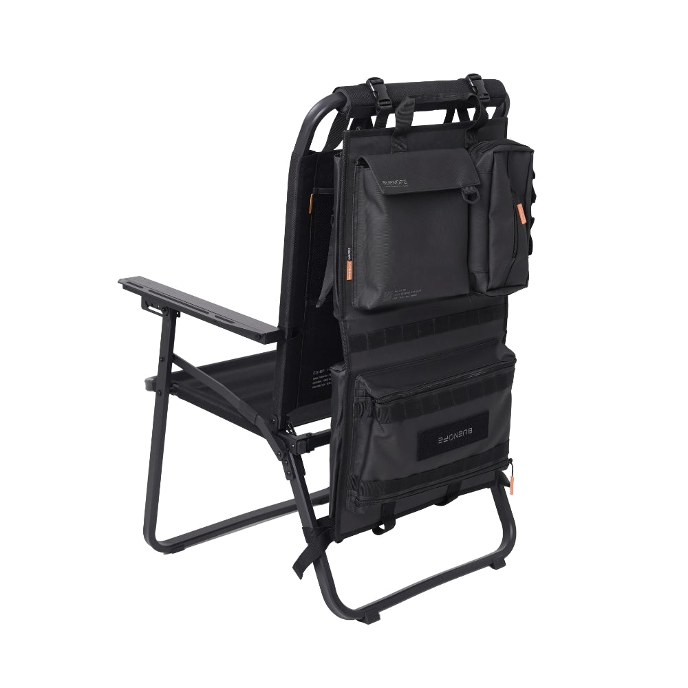 BUENOFE Multi Storage Bag Slim mounted on a folding camp chair back on a white background, front three-quarter view showing how the organizer hangs within easy reach behind the seat.