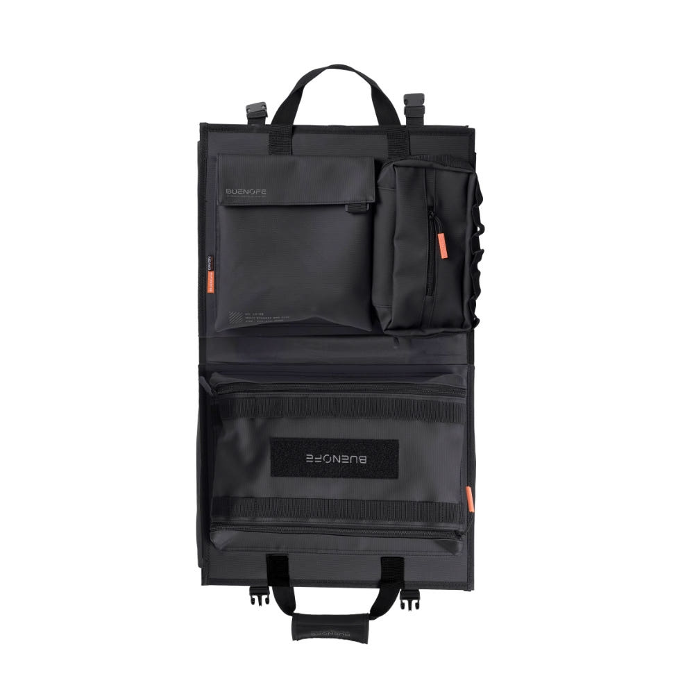 BUENOFE Multi Storage Bag Slim unfolded and opened flat on a white background, revealing the divided inner storage layout with a flap pocket, a detachable tissue pouch, elastic gear-fixing bands and a lower zippered compartment for flat gear.