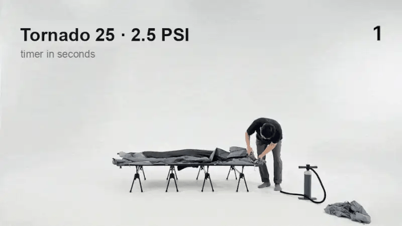 Neo Nest 80 Air inflated with the Tornado 25 pump to its 2.5 PSI ceiling, then finished with the included hand pump — on-screen timer in seconds (pump and cot sold separately)