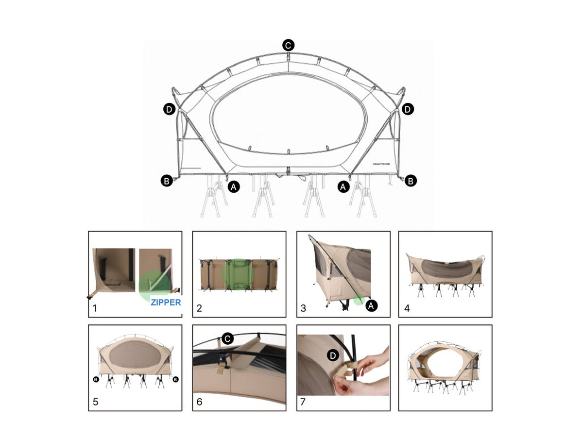 Pitching guide: pole layout diagram with A-D points above seven numbered set-up step photos.