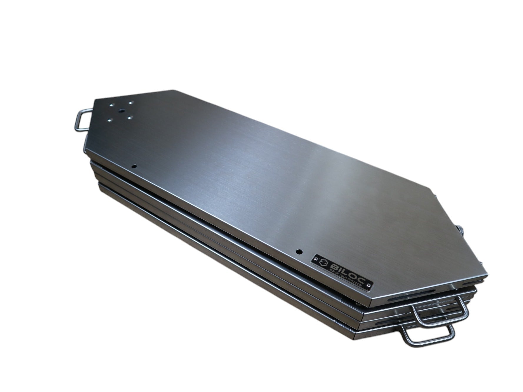 The four hinged plates folded into a single flat stainless stack with wire carry handles at each end.