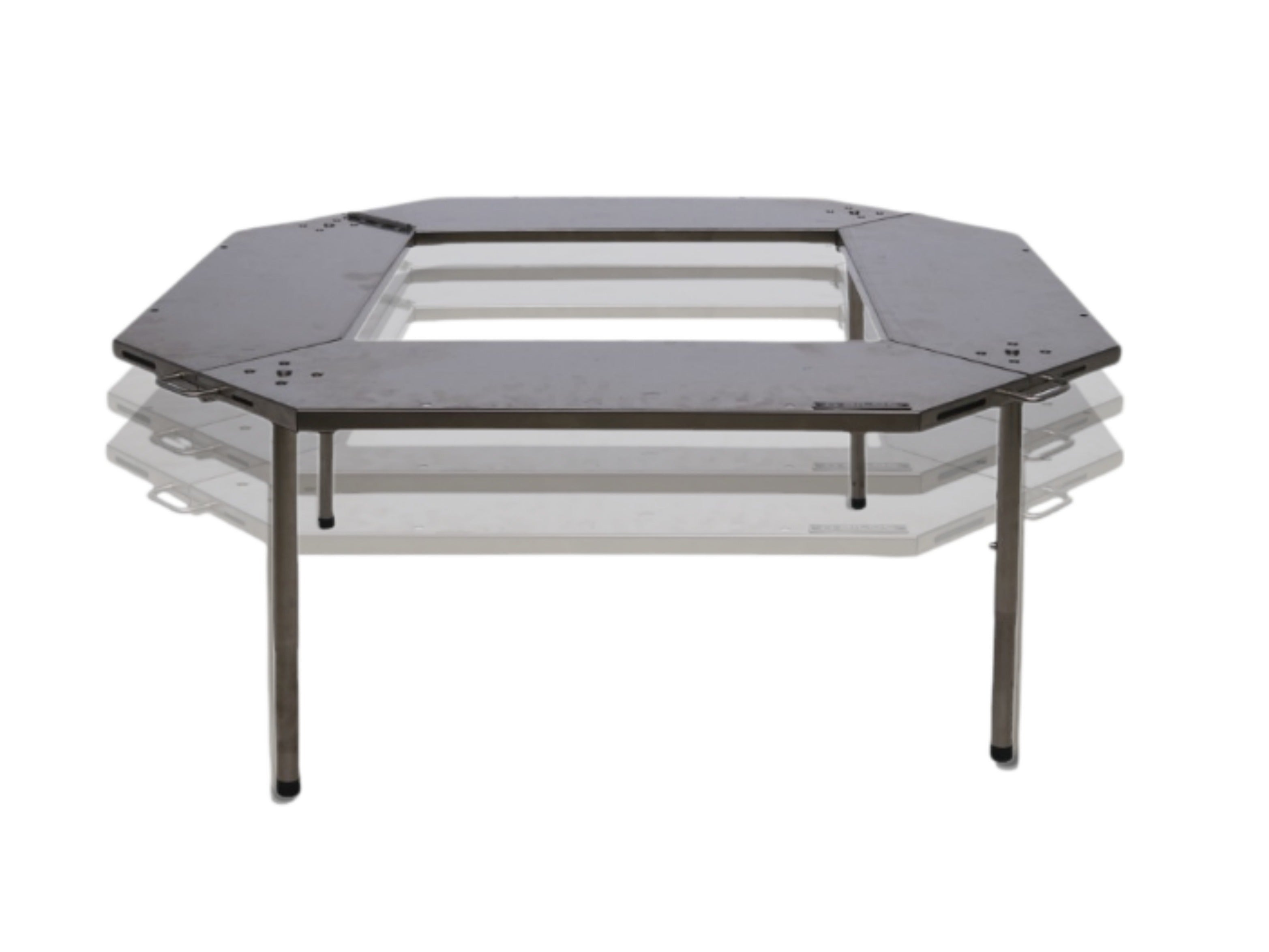 Octagon table at its tallest leg setting with lower height positions ghosted behind it, showing the adjustment range.