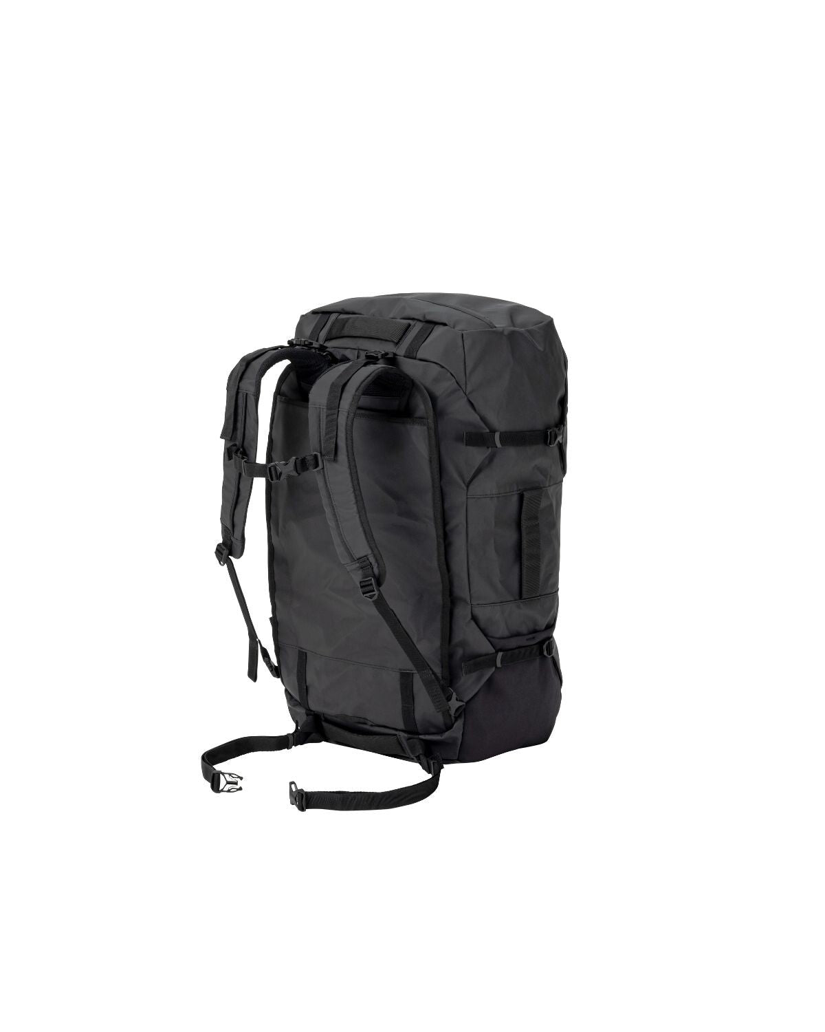 OT Duffel Bag 65, Black, rear view with the backpack straps deployed