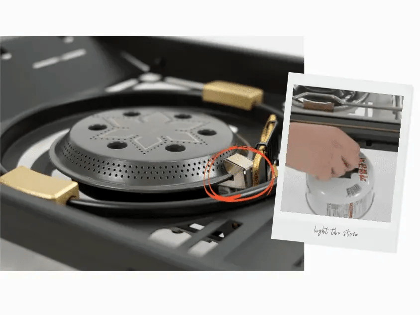 Personal Flat Burner ignition point circled on the burner head, with a hand lighting the canister