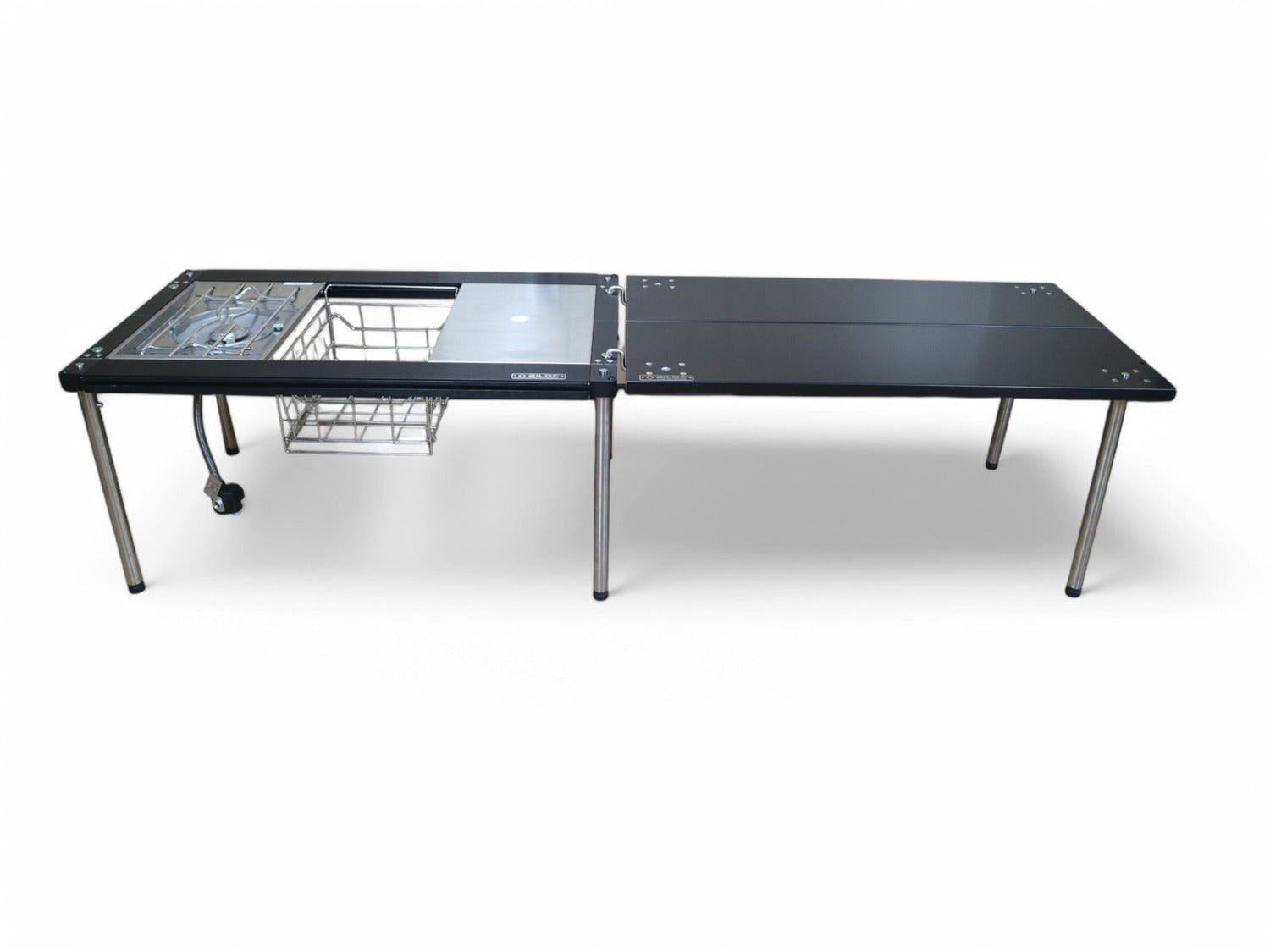 Side elevation of the Ribera joined in line with a stove table at standing height.