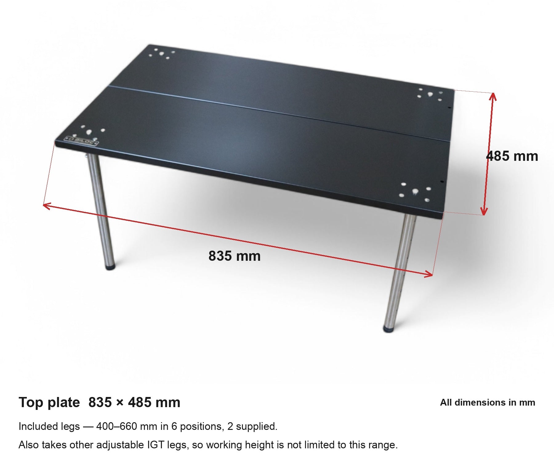 Biloc Ribera table photographed on white with dimension callouts: top plate 835 mm wide and 485 mm deep, with a note that the two included legs adjust 400-660 mm and that other adjustable IGT legs also fit.