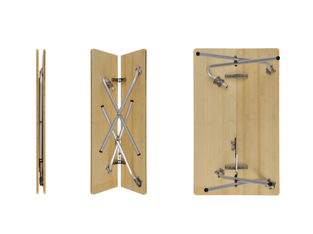 Single Action Table - Light shown folded flat, half open, and from underneath with the single-action leg frame extended