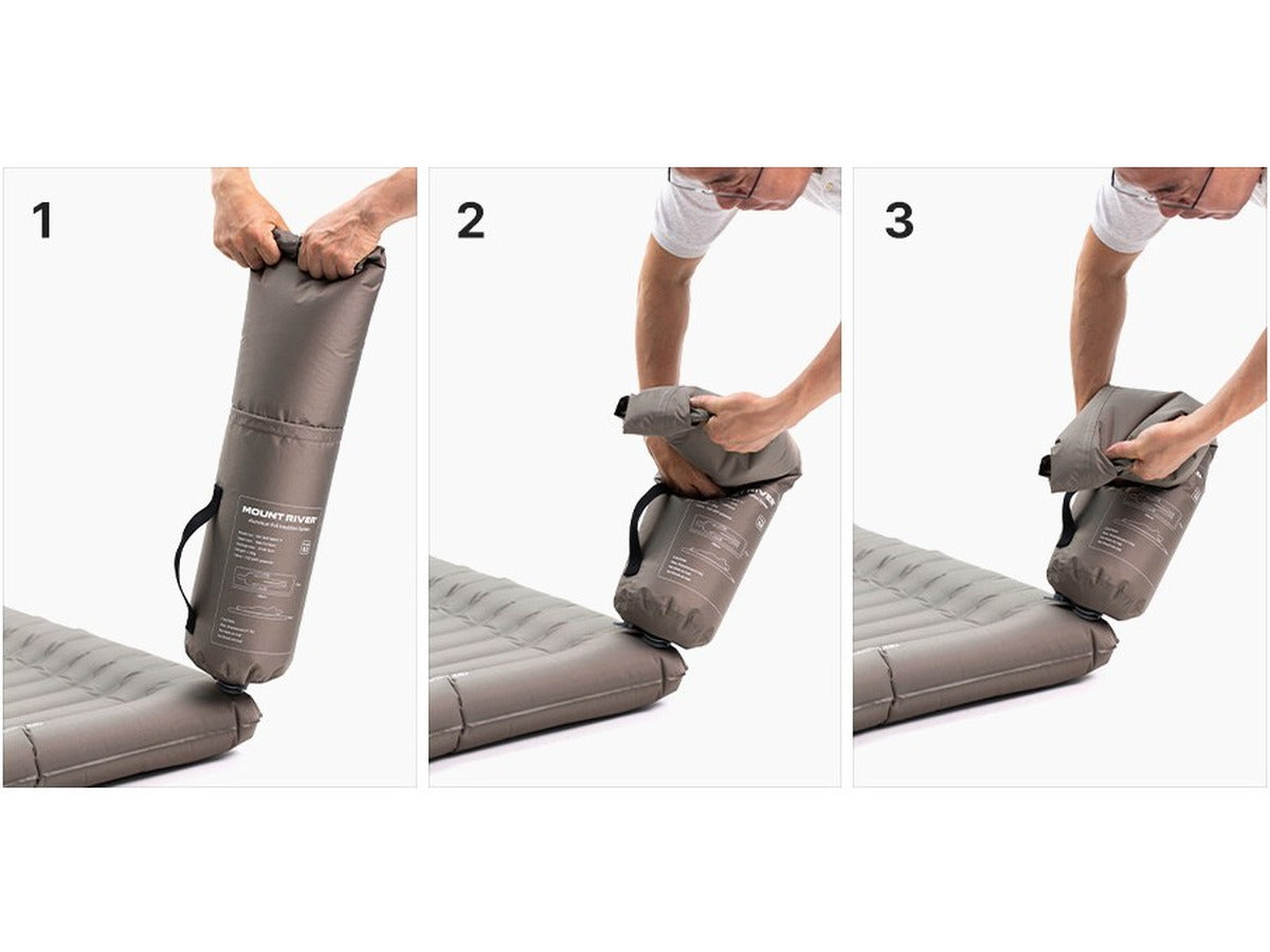 Three steps showing the stuff sack filled with air and folded down to inflate the pad through its valve.