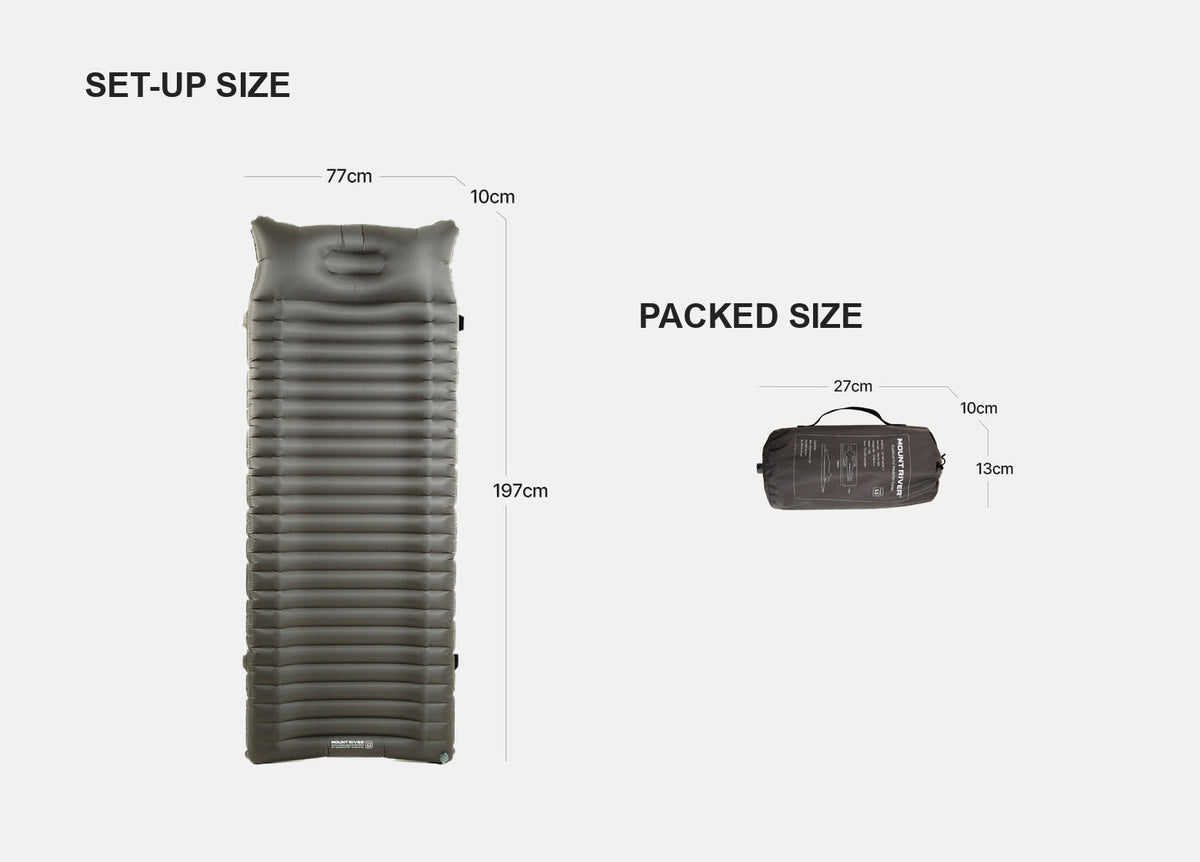 Dimension drawing: set-up size 197 x 77 x 10 cm and packed size 27 x 10 x 13 cm in the stuff sack.