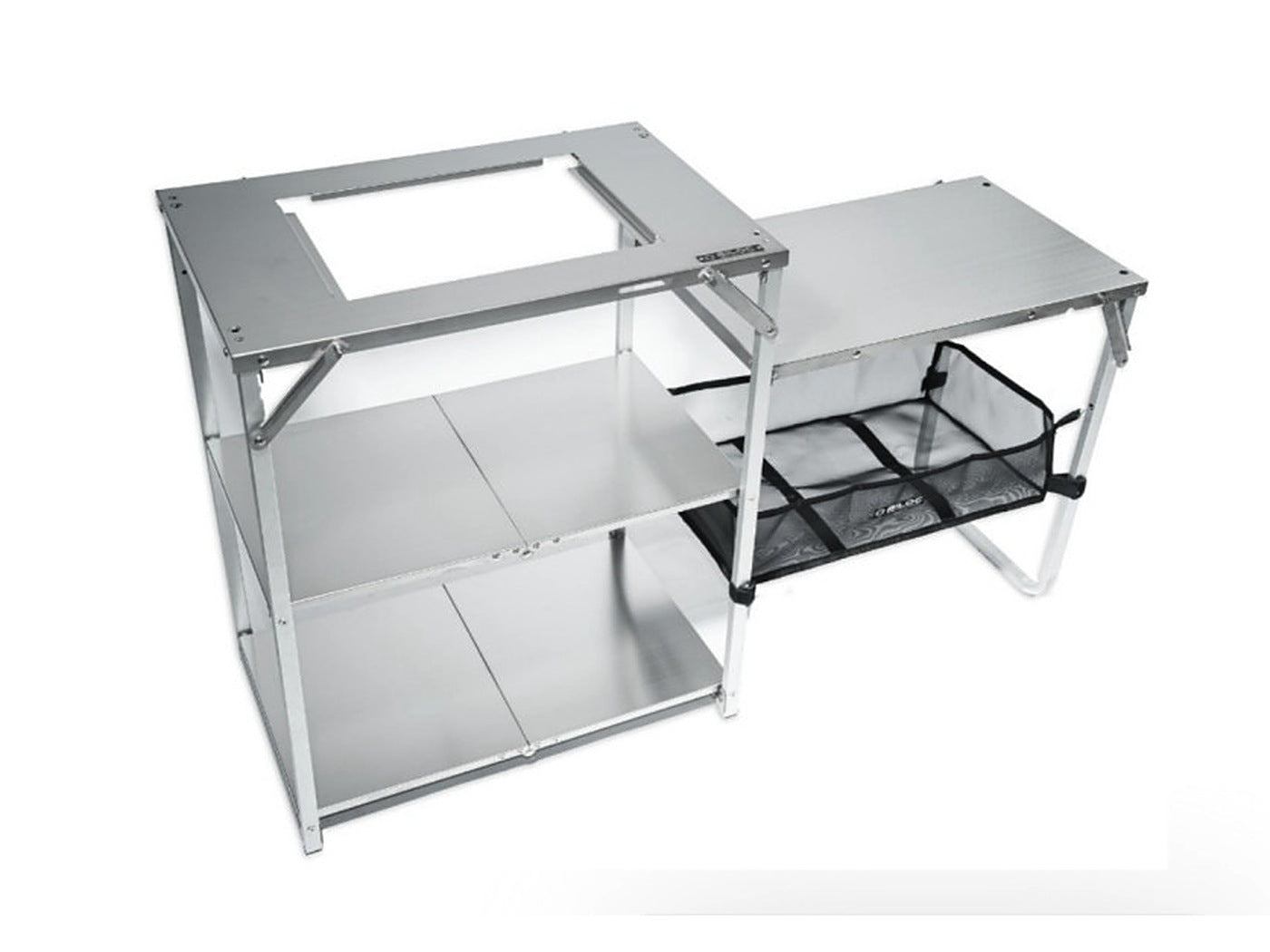 Stella shelf set up with the fold-out side table docked: the top bay, two shelf tiers and the side surface in one frame.