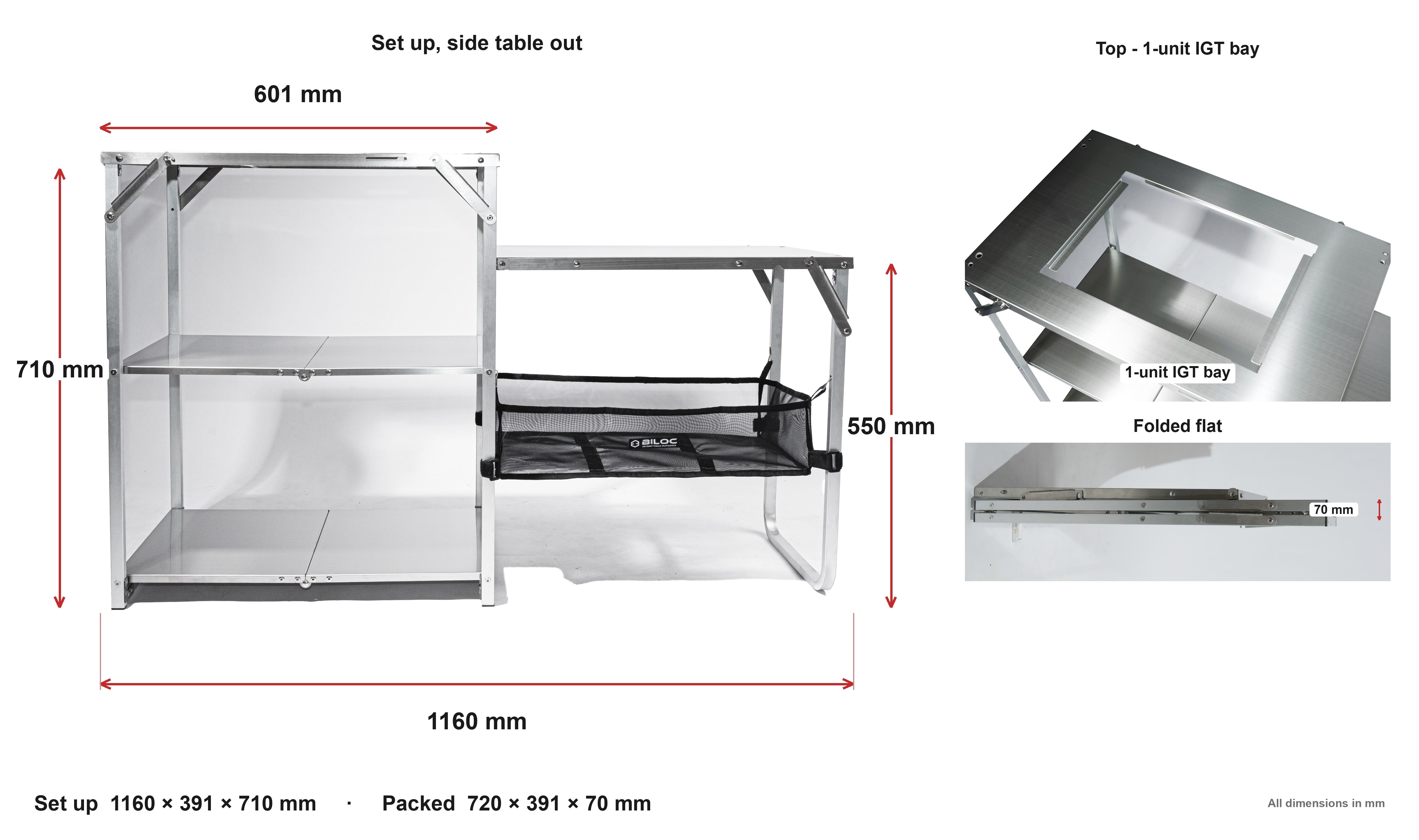 Stella shelf photographed from the front with dimension callouts: 1160 mm wide with the side table out, main top at 710 mm, side table at 550 mm. Insets show the 1-unit IGT bay from above and the shelf folded flat to 70 mm.