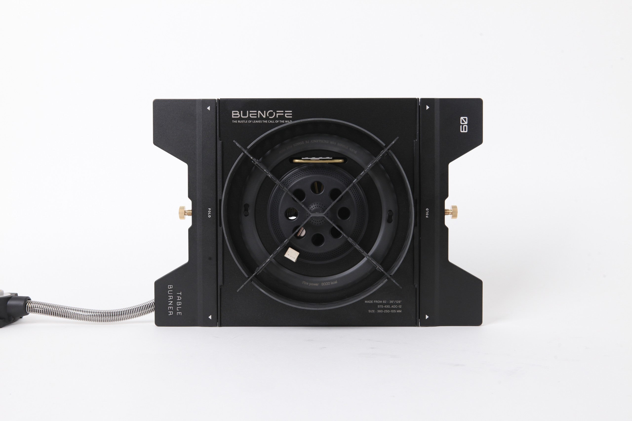 BUENOFE Stove Windscreen fitted to the BX-09 Table Burner set flat inside an IGT table frame, shown from the front on a white background with the BUENOFE logo panel facing the camera.