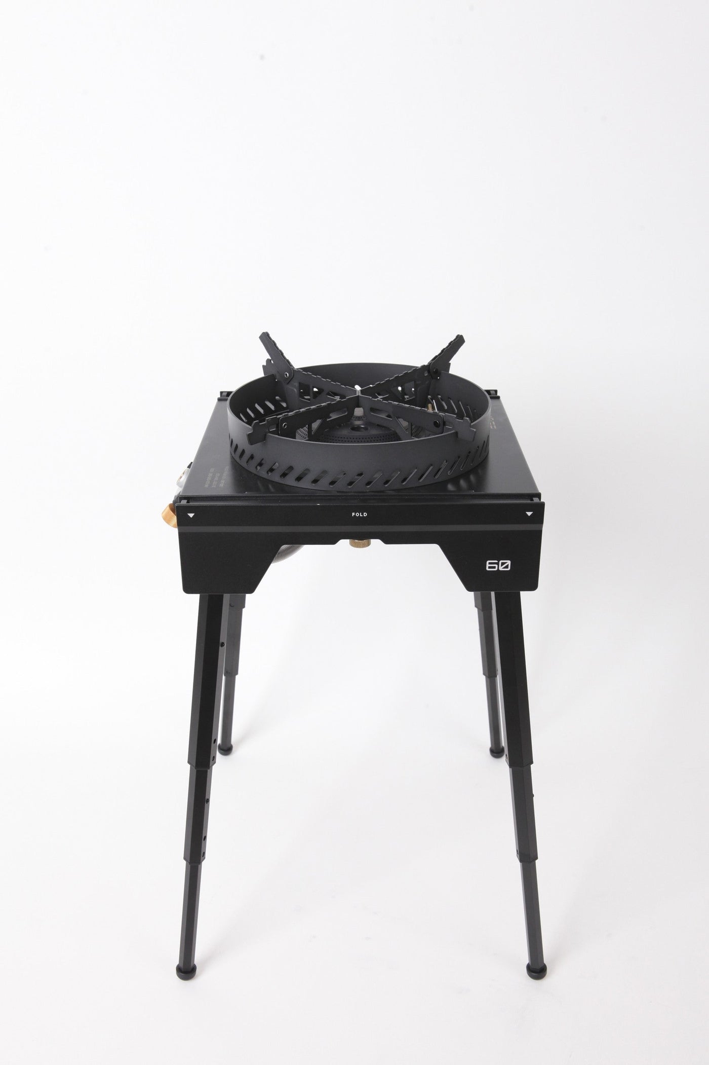 BUENOFE Stove Windscreen on the BX-09 Table Burner raised on its tall folding stand legs, shown from a three-quarter front angle on a white background as a free-standing cook station.