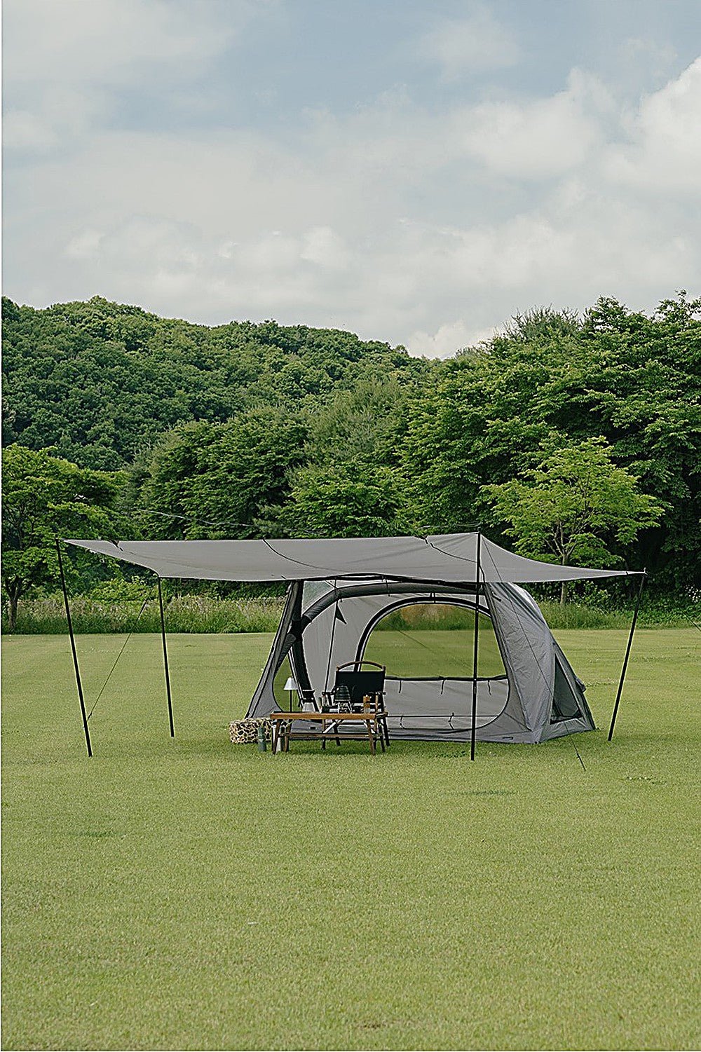 Zip to the tent, raise the far end on poles — theEarth GEO AIR4 Extension Sun Shade