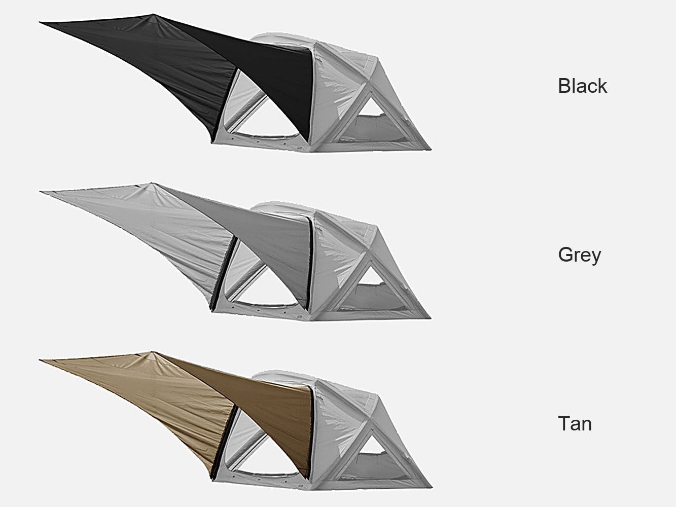 The Geo-Air 4 extension sun shade shown in all three colours: Black, Grey, and Tan