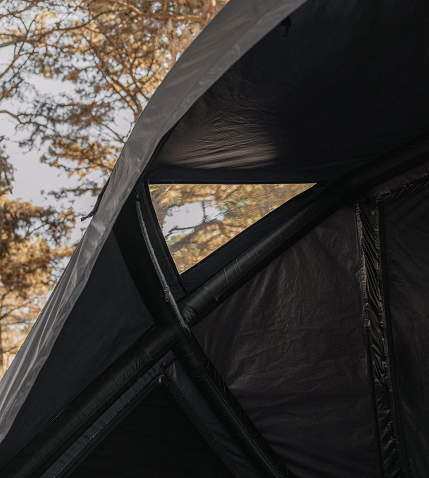 theEarth GEO AIR4 Tent, Black, X-frame side window viewed from inside