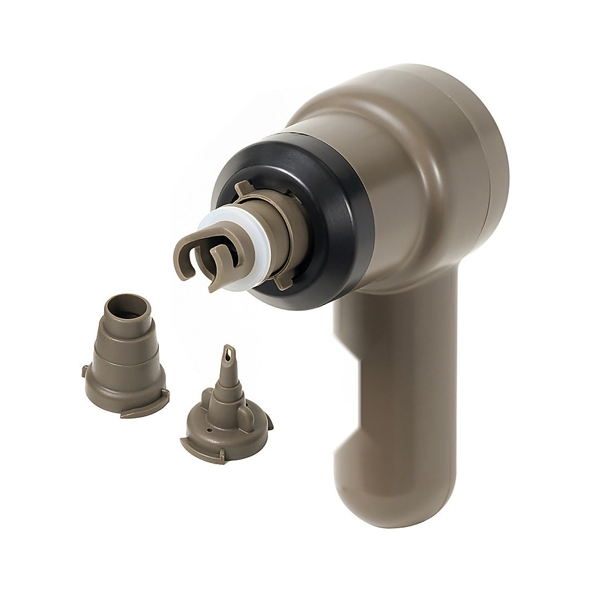 Tornado 25 air pump with the air-mat nozzle fitted and two spare nozzles, on a white studio background.