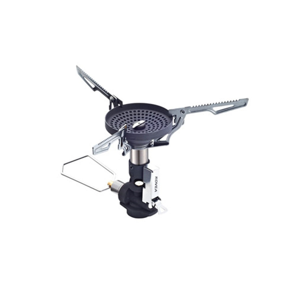 V1 Stove studio product shot showing the folding pot-support arms and regulator base