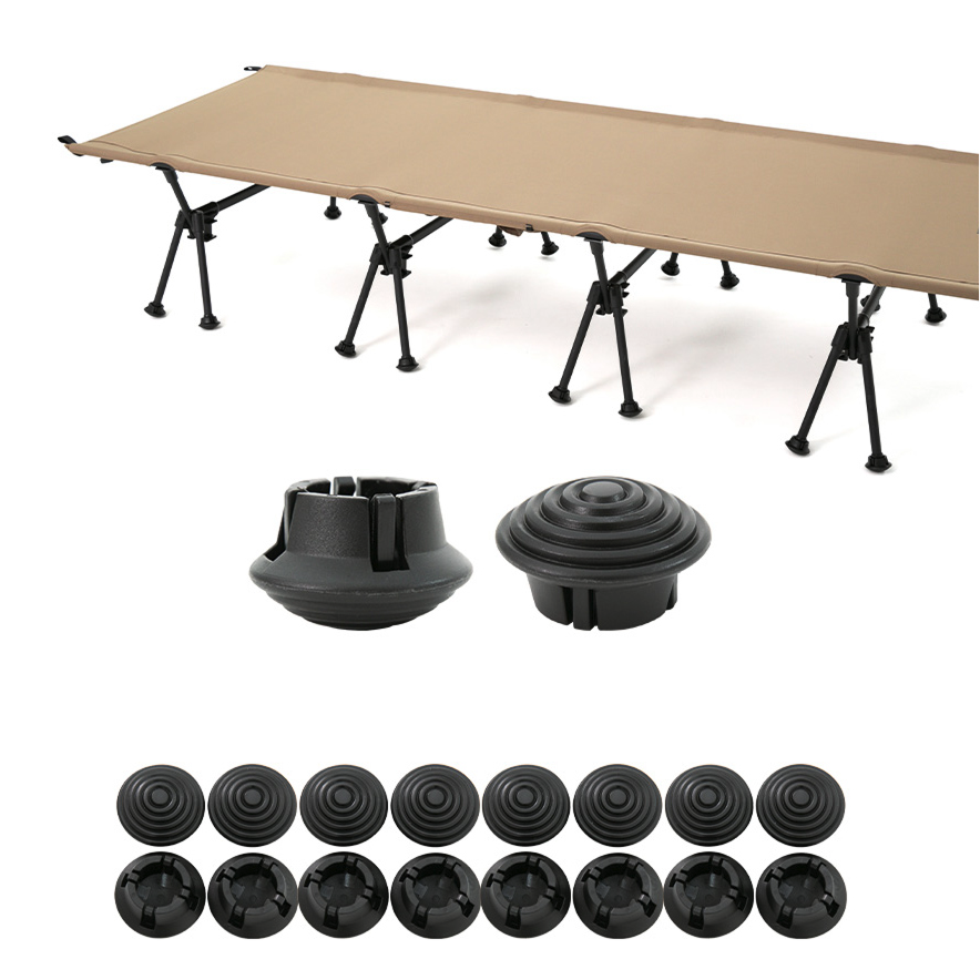 The 16 swivel foot covers included with the Wide Cot 80, shown with a tan cot set up on white.