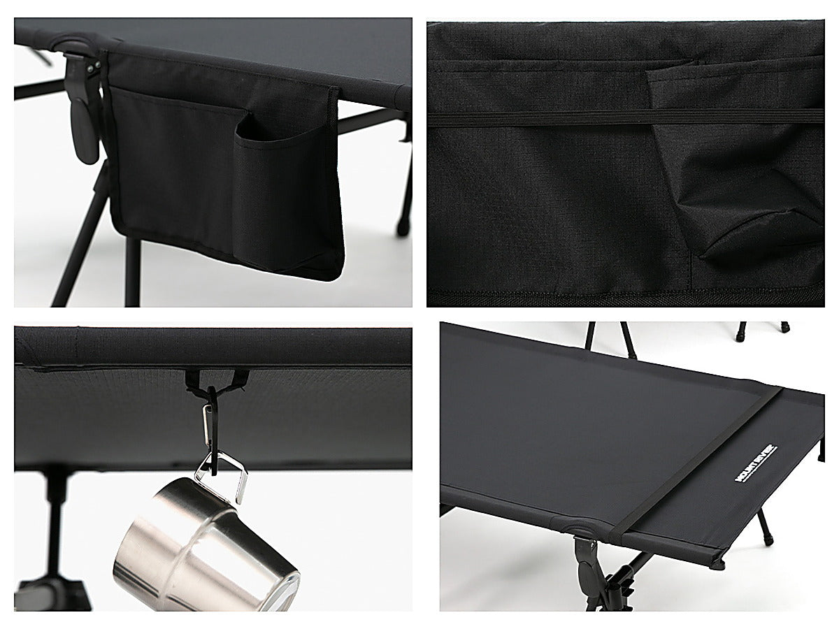 Side pocket with cup slot, concealing band, webbing loop with a hanging mug (not included), and the seat mat band.