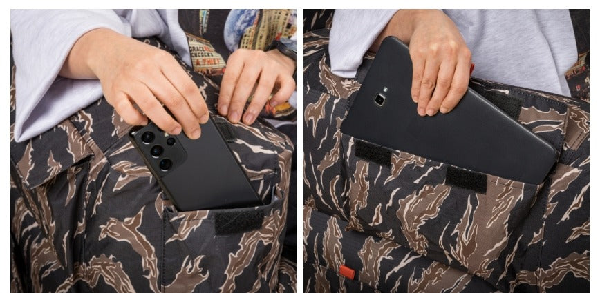 Smartphone and tablet being placed in the armrest and side pockets