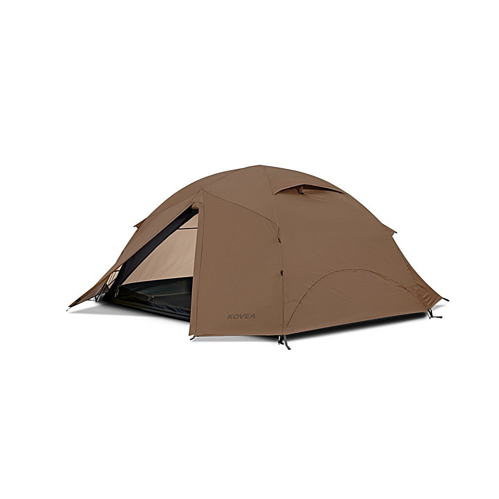 X-Core N Shelter in Tan, front three-quarter view with the door open